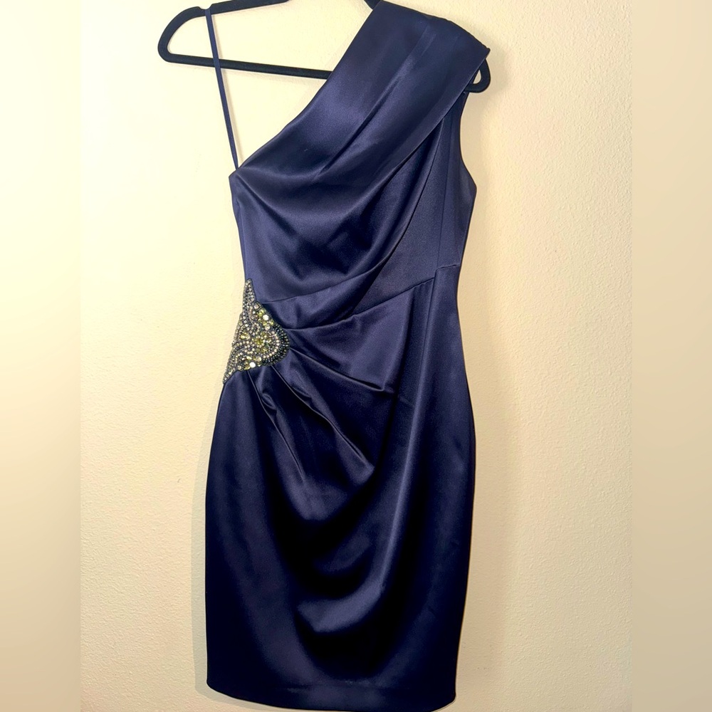 Eliza J Navy Satin Formal Dress with Crystal Waist Detail, Like New, Sz 2